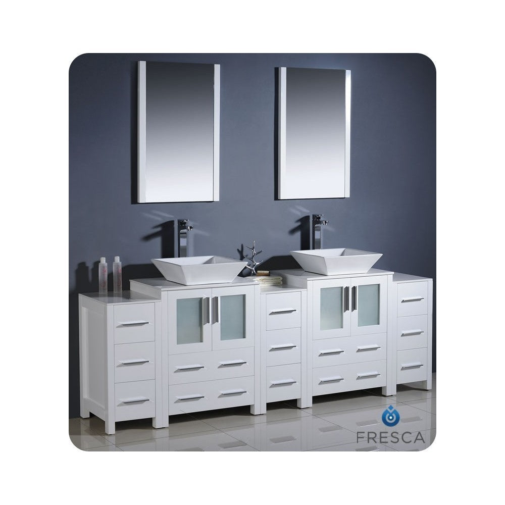 84 White Modern Double Sink Bathroom Vanity w/ 3 Side Cabinets & Vessel Sinks