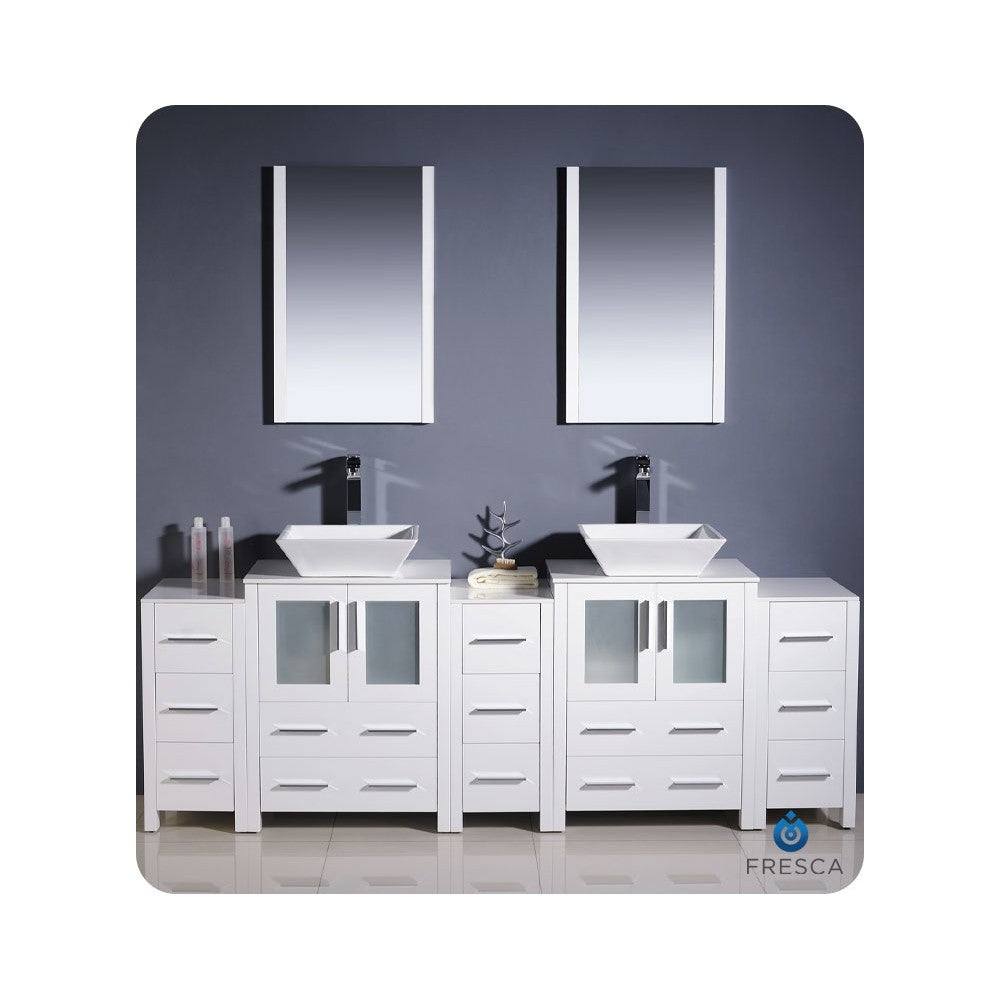 84 White Modern Double Sink Bathroom Vanity w/ 3 Side Cabinets & Vessel Sinks