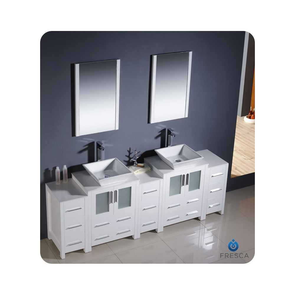 84 White Modern Double Sink Bathroom Vanity w/ 3 Side Cabinets & Vessel Sinks