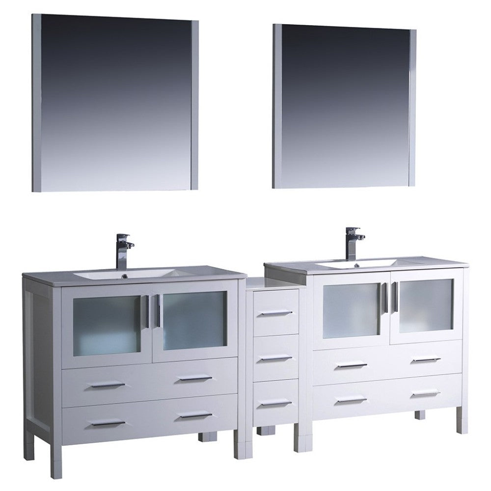 84 White Modern Double Sink Bathroom Vanity w/ Side Cabinet & Integrated Sinks