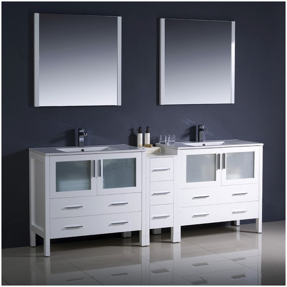 84 White Modern Double Sink Bathroom Vanity w/ Side Cabinet & Integrated Sinks