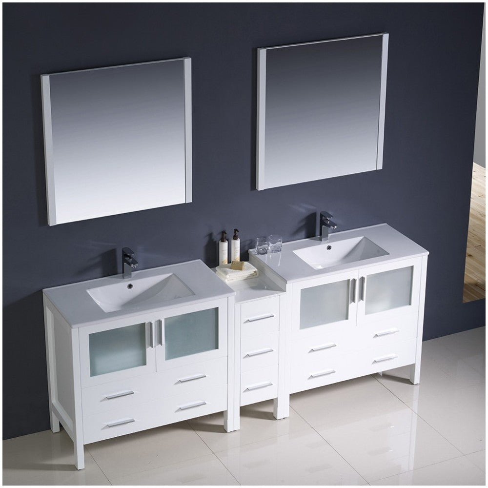 84 White Modern Double Sink Bathroom Vanity w/ Side Cabinet & Integrated Sinks