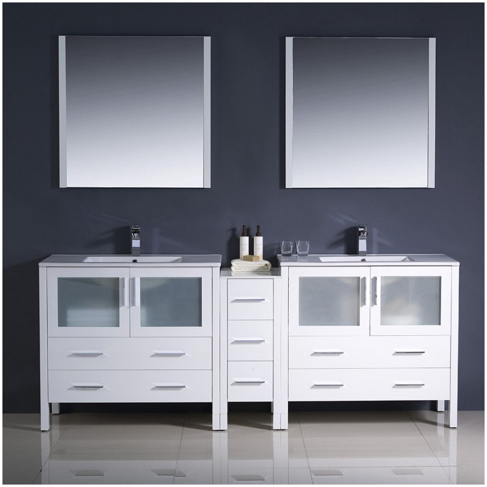 84 White Modern Double Sink Bathroom Vanity w/ Side Cabinet & Integrated Sinks