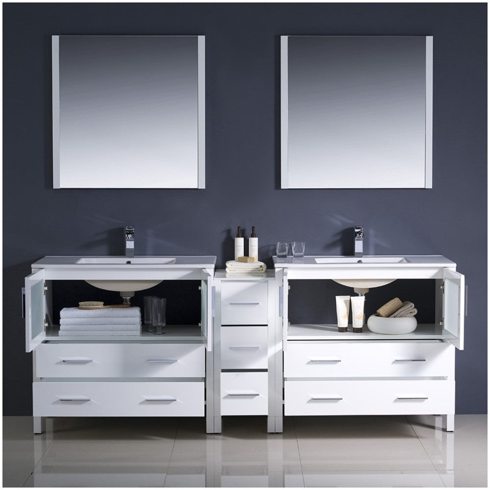 84 White Modern Double Sink Bathroom Vanity w/ Side Cabinet & Integrated Sinks