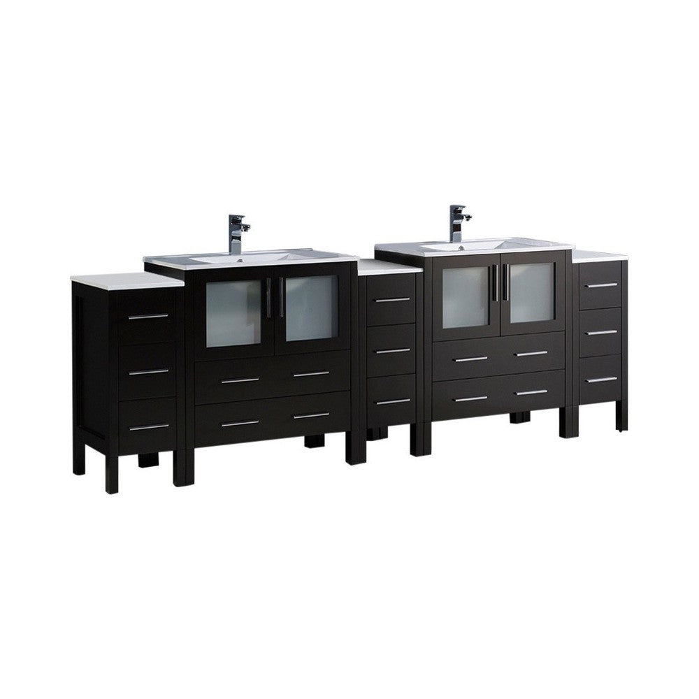 96 Espresso Double Sink Bathroom Vanity w/ 3 Side Cabinets & Integrated Sinks