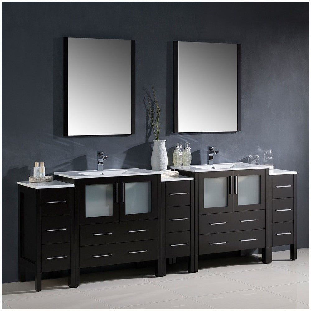 96 Espresso Double Sink Bathroom Vanity w/ 3 Side Cabinets & Integrated Sinks