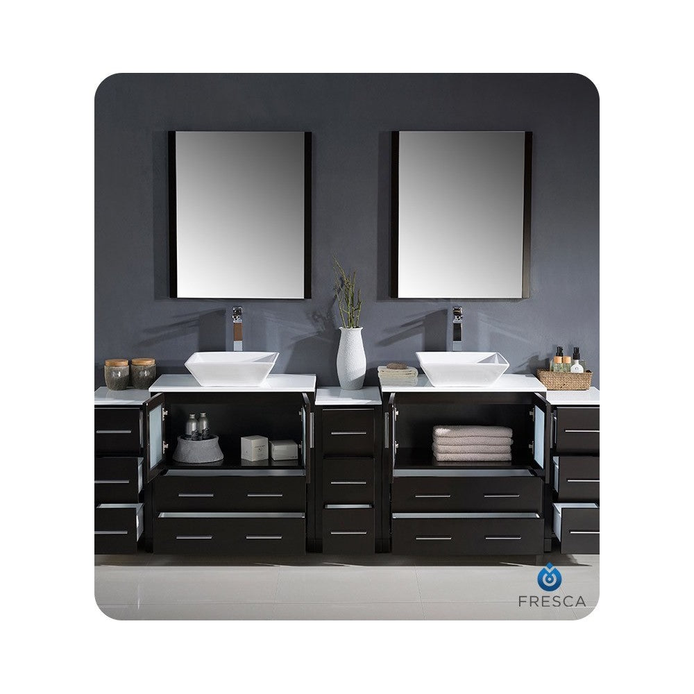 96 Espresso Modern Double Sink Bathroom Vanity w/ 3 Side Cabinets & Vessel Sinks