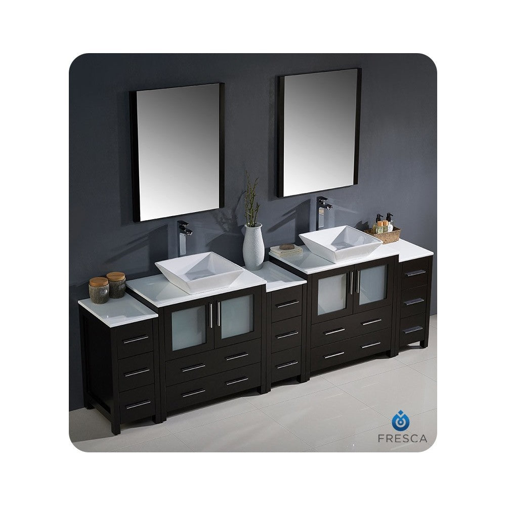 96 Espresso Modern Double Sink Bathroom Vanity w/ 3 Side Cabinets & Vessel Sinks