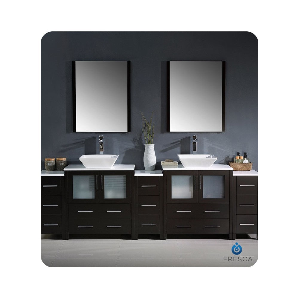 96 Espresso Modern Double Sink Bathroom Vanity w/ 3 Side Cabinets & Vessel Sinks