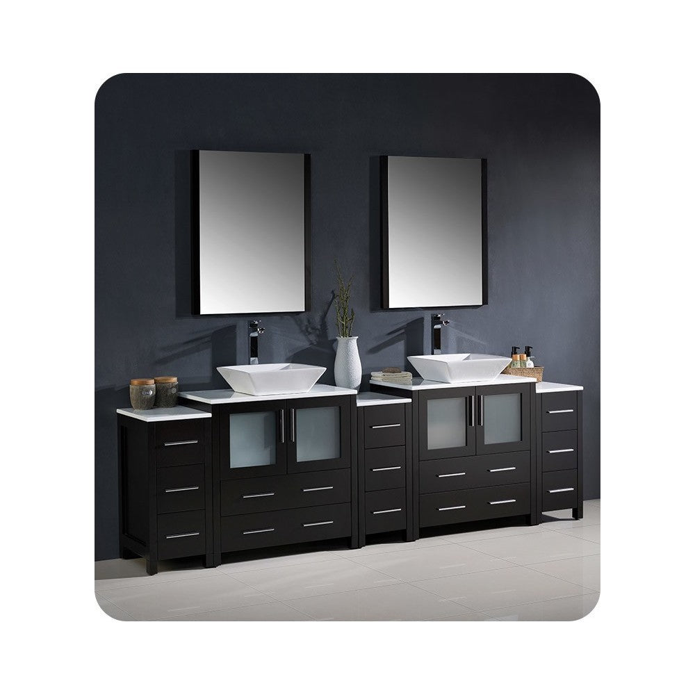 96 Espresso Modern Double Sink Bathroom Vanity w/ 3 Side Cabinets & Vessel Sinks