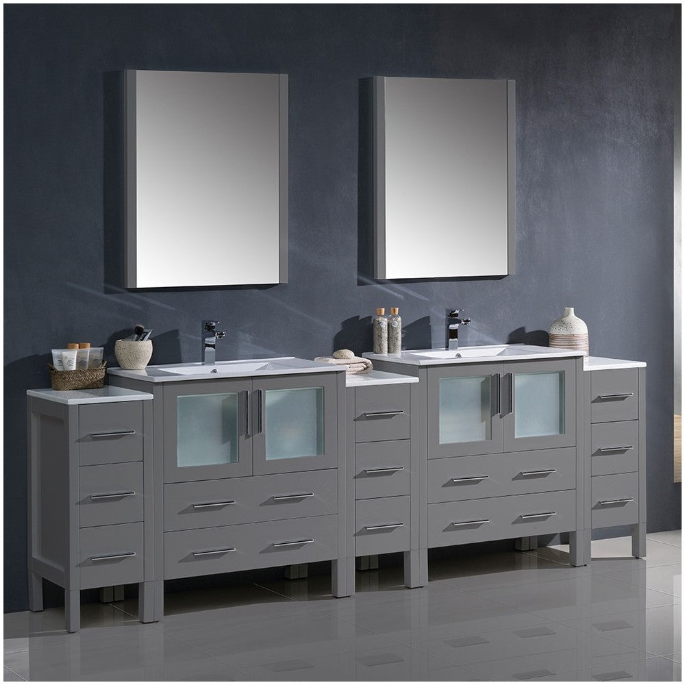 96 Gray Modern Double Sink Bathroom Vanity w/ 3 Side Cabinets & Integrated Sinks