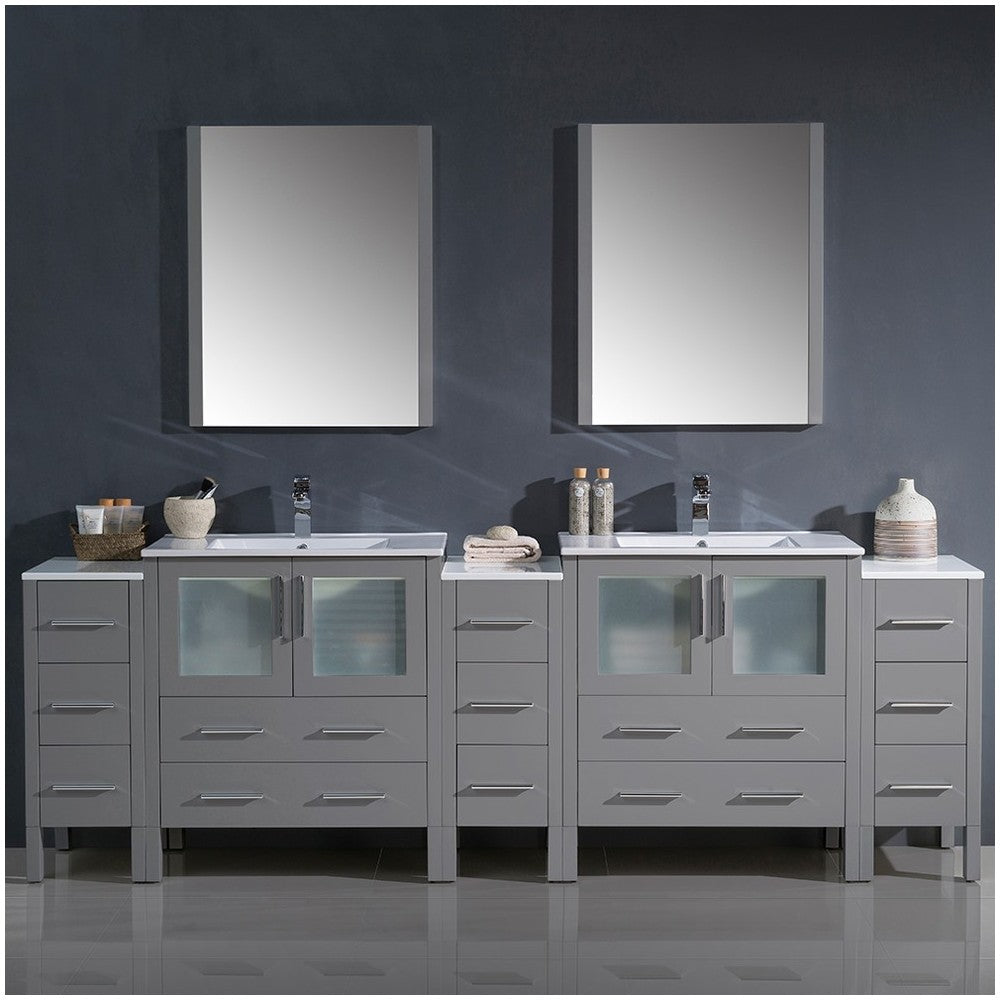 96 Gray Modern Double Sink Bathroom Vanity w/ 3 Side Cabinets & Integrated Sinks