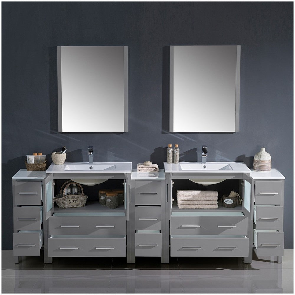 96 Gray Modern Double Sink Bathroom Vanity w/ 3 Side Cabinets & Integrated Sinks