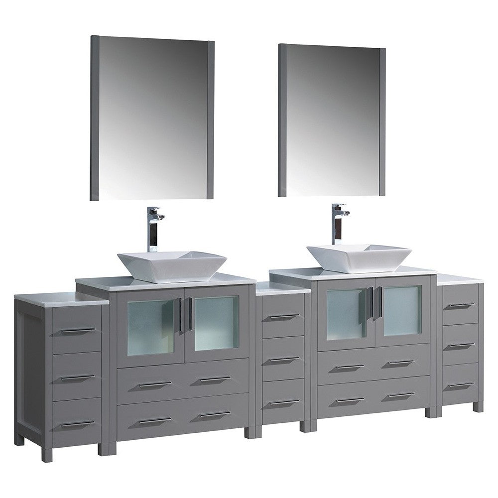 96 Gray Modern Double Sink Bathroom Vanity w/ 3 Side Cabinets & Vessel Sinks