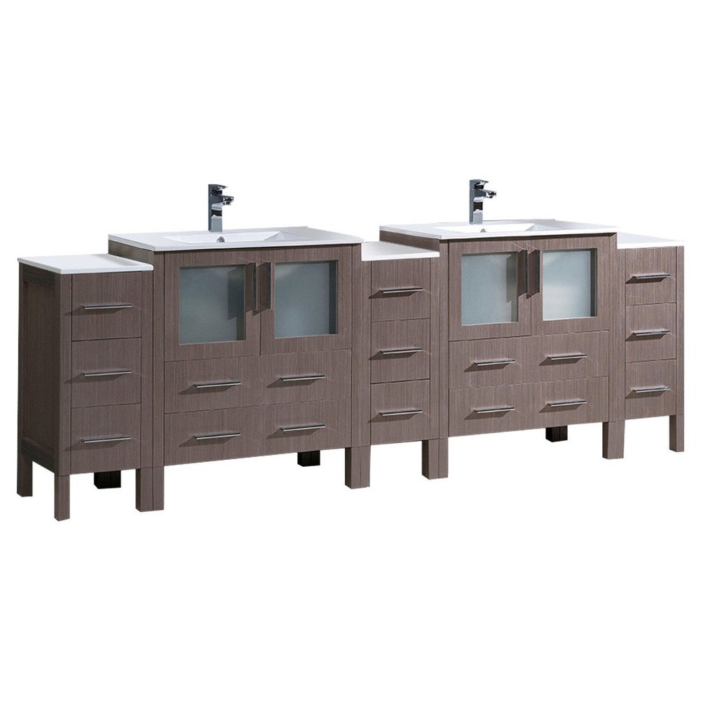 96 Gray Oak Double Sink Bathroom Vanity w/ 3 Side Cabinets & Integrated Sinks