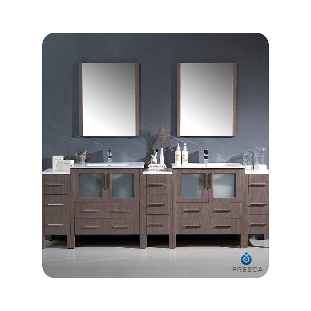 96 Gray Oak Double Sink Bathroom Vanity w/ 3 Side Cabinets & Integrated Sinks