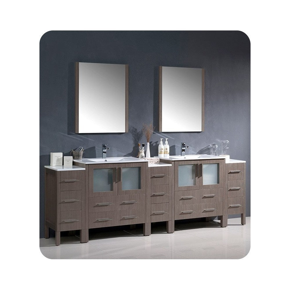 96 Gray Oak Double Sink Bathroom Vanity w/ 3 Side Cabinets & Integrated Sinks