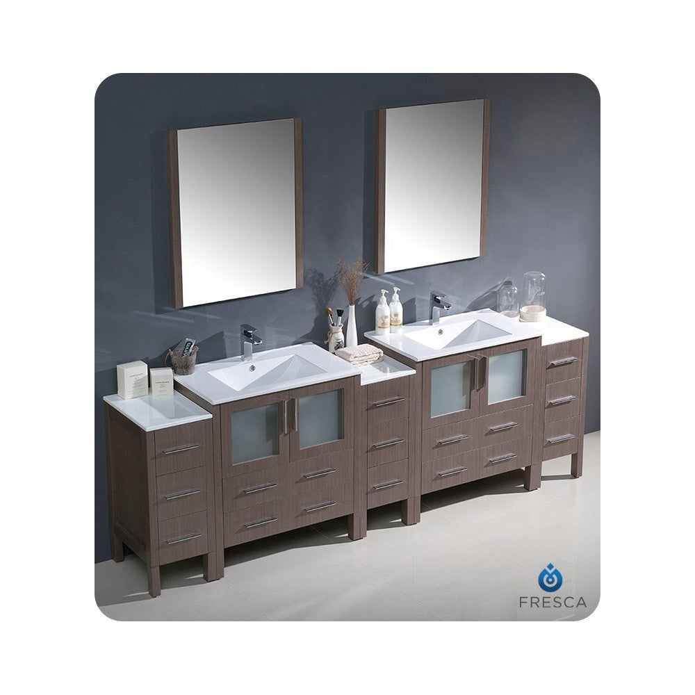 96 Gray Oak Double Sink Bathroom Vanity w/ 3 Side Cabinets & Integrated Sinks