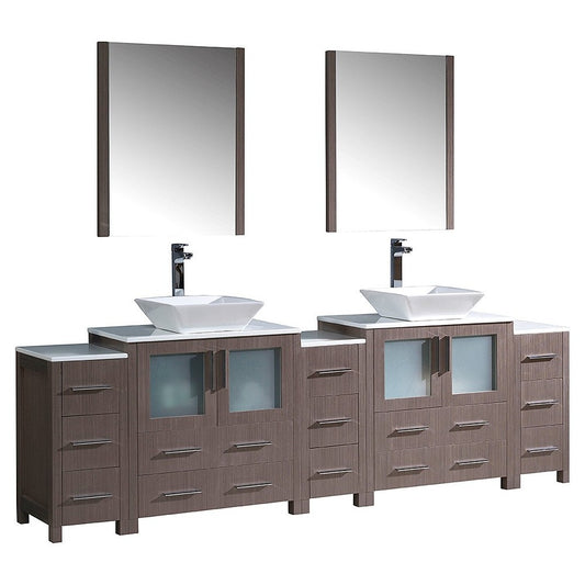 96 Gray Oak Modern Double Sink Bathroom Vanity w/ 3 Side Cabinets & Vessel Sinks