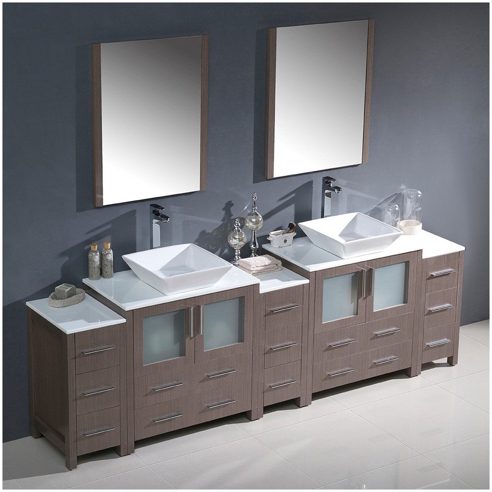 96 Gray Oak Modern Double Sink Bathroom Vanity w/ 3 Side Cabinets & Vessel Sinks