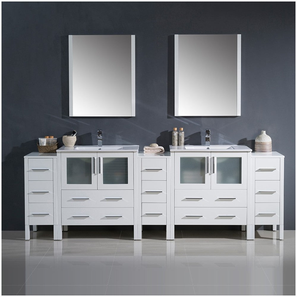 96 White Double Sink Bathroom Vanity w/ 3 Side Cabinets & Integrated Sinks