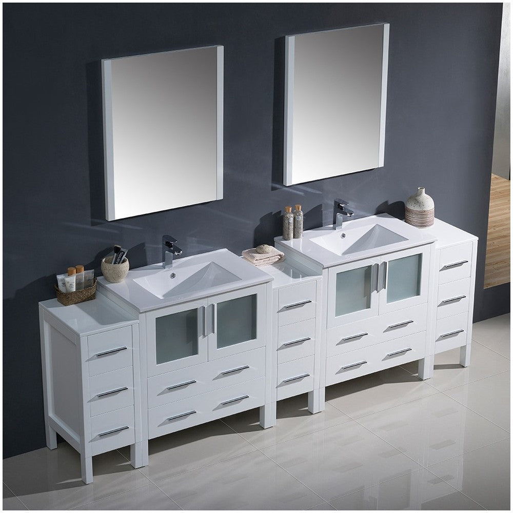 96 White Double Sink Bathroom Vanity w/ 3 Side Cabinets & Integrated Sinks