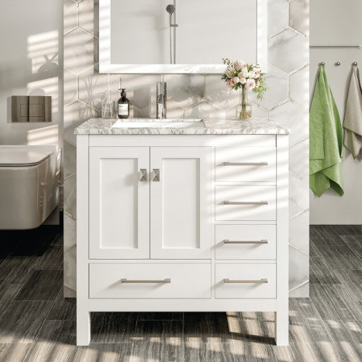 Eviva London 36"x18" White Transitional Bathroom Vanity With White Carrara Top