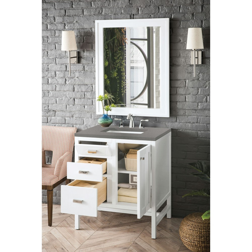 Addison 30" Single Vanity Cabinet, Glossy White, w/ 3 CM Gray Expo Quartz Top