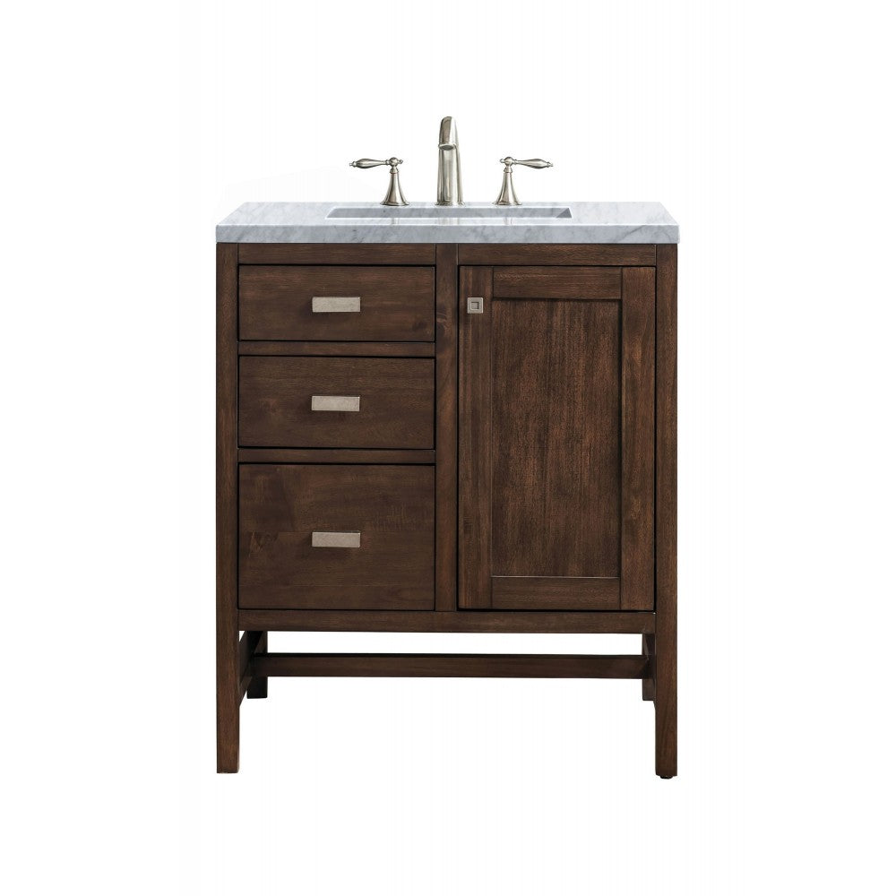 Addison 30" Single Vanity Cabinet, Mid Century Acacia, w/ 3 CM Carrara White Top