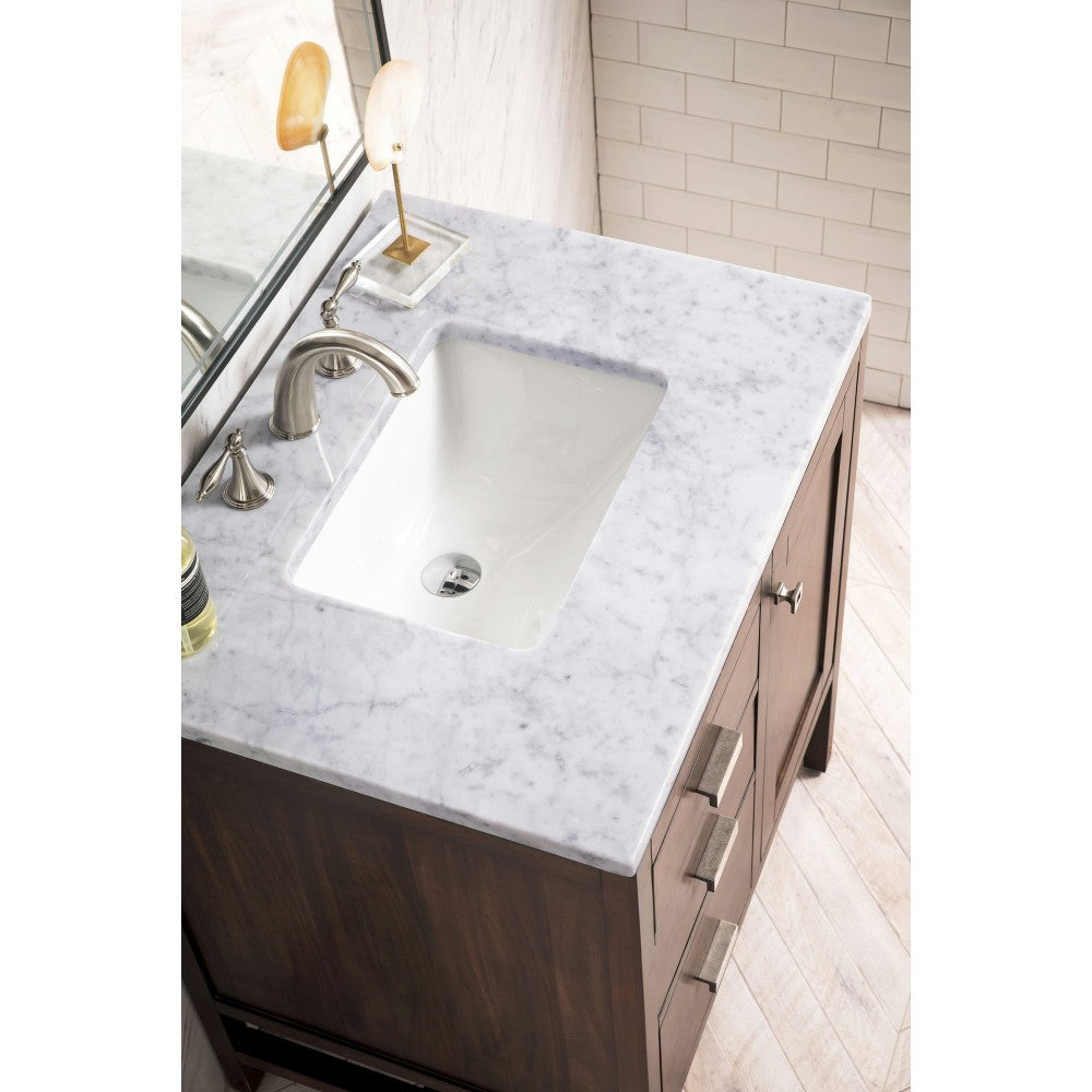 Addison 30" Single Vanity Cabinet, Mid Century Acacia, w/ 3 CM Carrara White Top