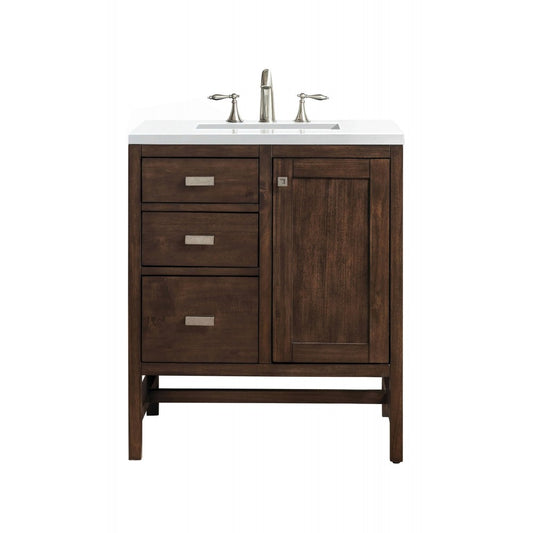Addison 30" Single Vanity, Mid Century Acacia, w/ 3 CM Classic White Quartz Top