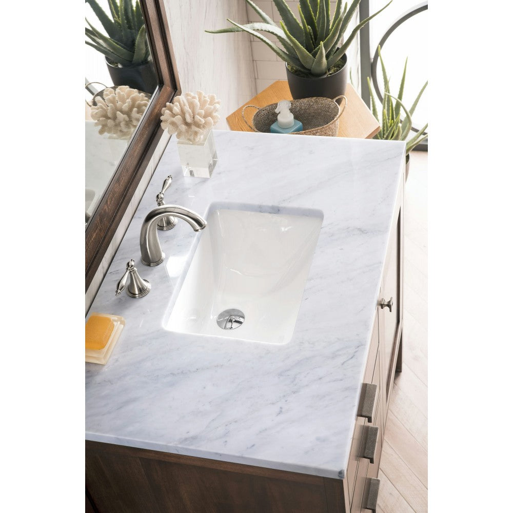 Addison 36" Single Vanity Cabinet, Mid Century Acacia, w/ 3 CM Carrara White Top