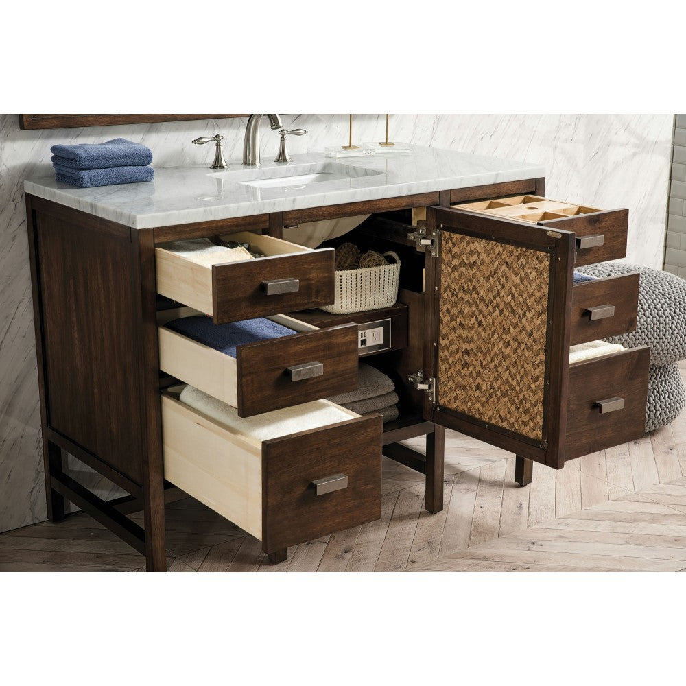 Addison 48" Single Vanity Cabinet, Mid Century Acacia, w/ 3 CM Carrara White Top