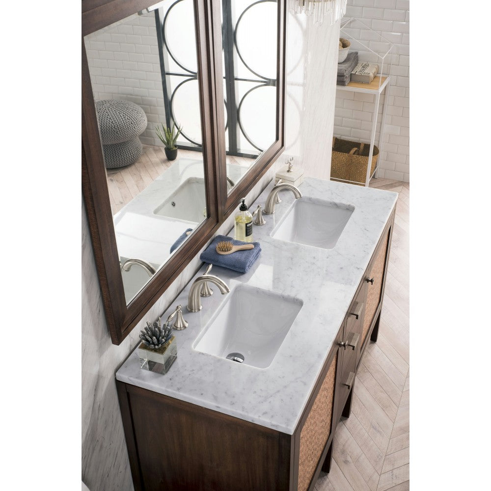 Addison 60" Double Vanity Cabinet, Mid Century Acacia, w/ 3 CM Carrara White Top