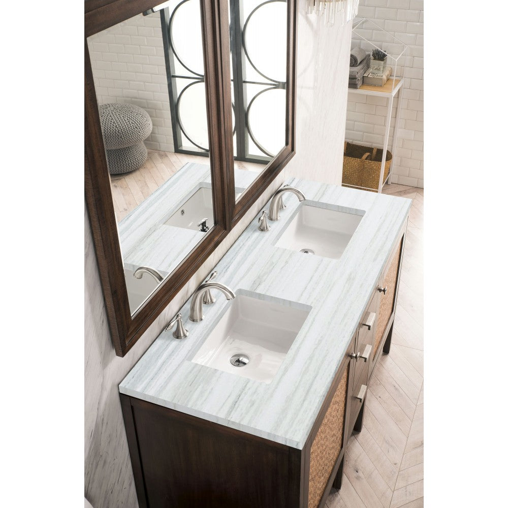 Addison 60" Double Vanity Mid Century Acacia w/3 CM Arctic Fall Surface Top