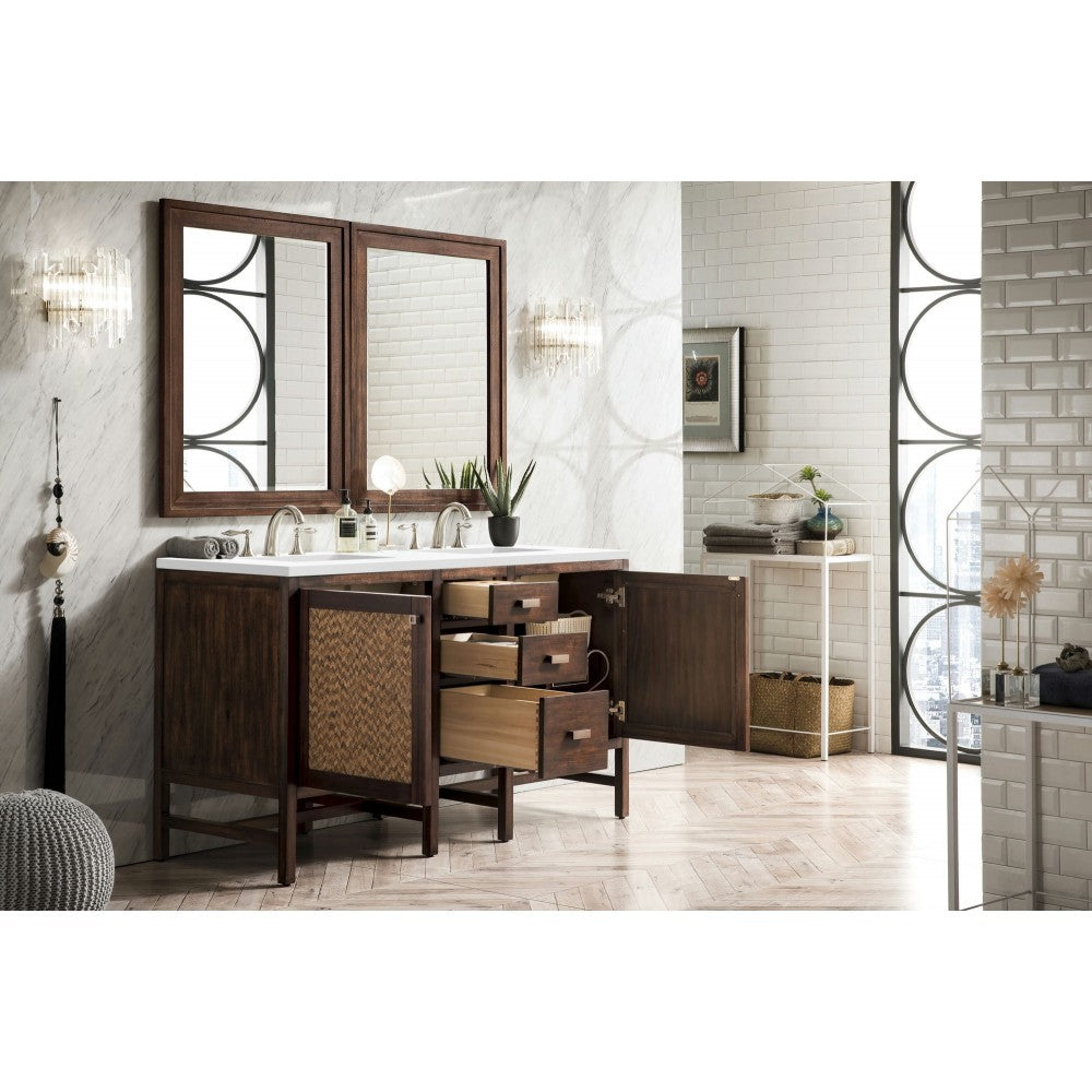 Addison 60" Double Vanity, Mid Century Acacia, w/ 3 CM Classic White Quartz Top