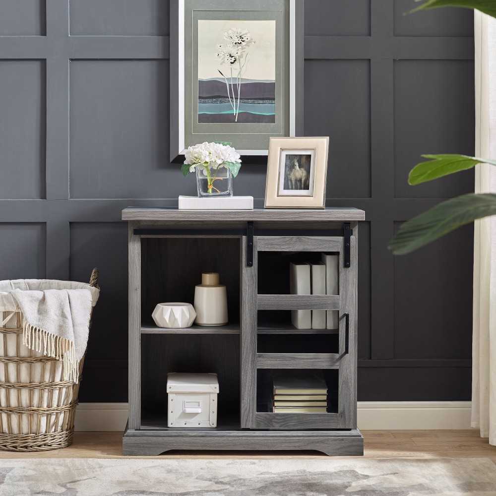 Alba 32" Sliding Glass Door Modern Accent Cabinet - Slate Gray