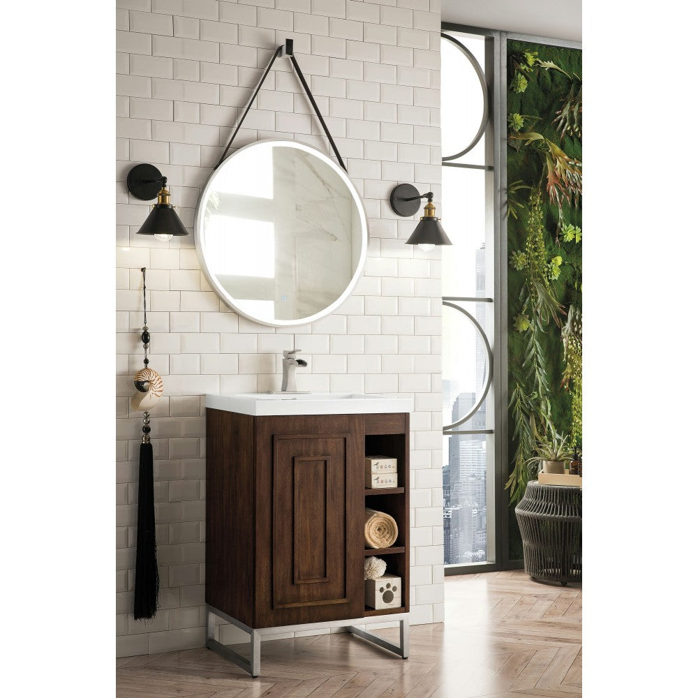 Alicante' 24" Single Vanity Mid Century Acacia Nickel w/White  Composite Top