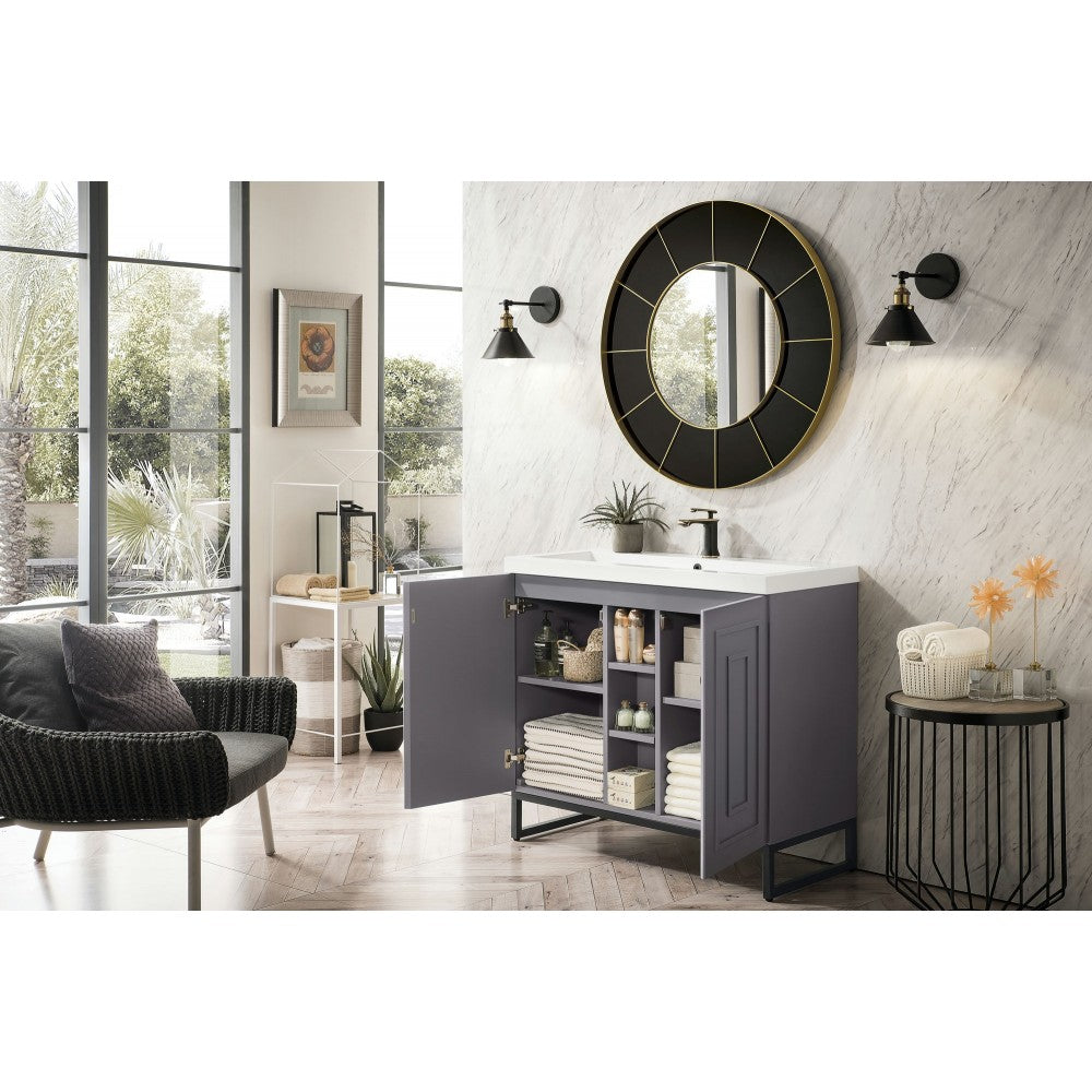 Alicante' 39.5" Single Vanity Gray Smoke Black w/White Glossy Composite Top