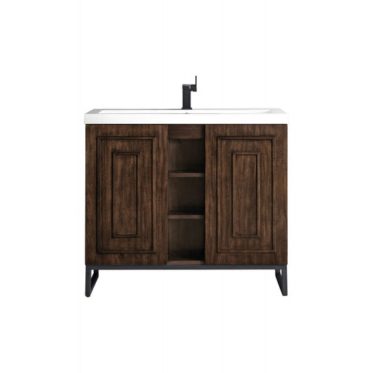 Alicante' 39.5" Single Vanity Mid Century Acacia Black w/White  Composite Top
