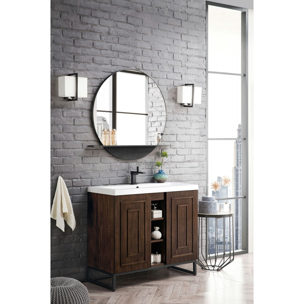 Alicante' 39.5" Single Vanity Mid Century Acacia Black w/White  Composite Top