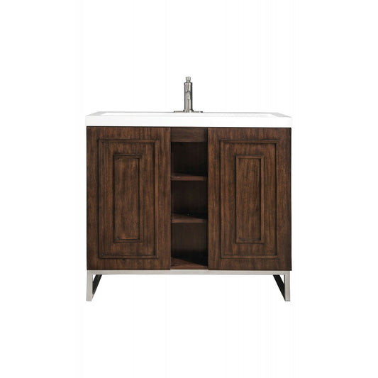 Alicante' 39.5" Single Vanity Mid Century Acacia Nickel w/White  Composite Top