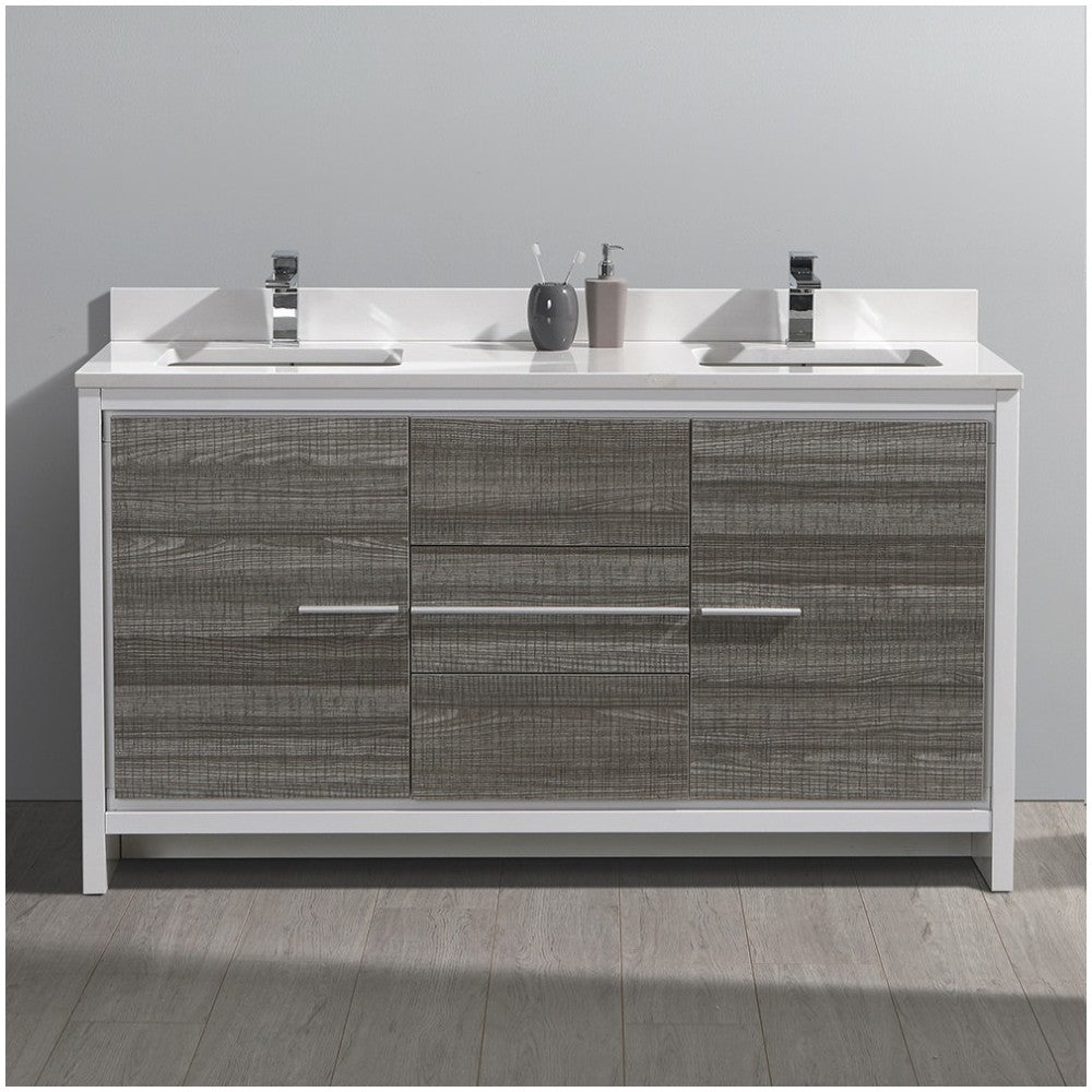 Allier Rio 60" Ash Gray Double Sink Modern Bathroom Cabinet w/ Top & Sinks
