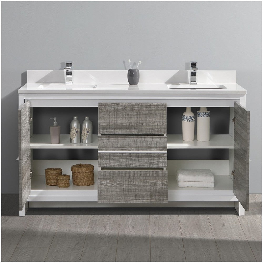 Allier Rio 60" Ash Gray Double Sink Modern Bathroom Cabinet w/ Top & Sinks