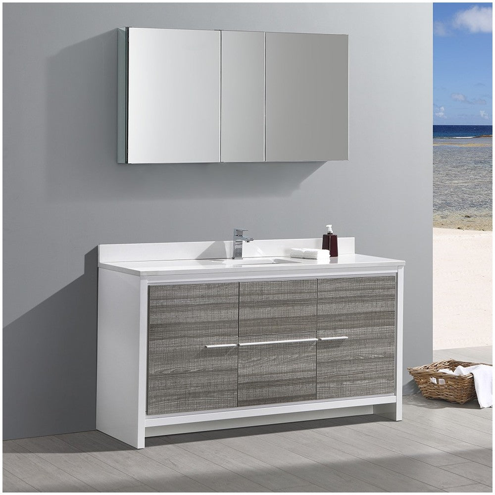 Allier Rio 60" Ash Gray Single Sink Modern Bathroom Vanity w/ Medicine Cabinet