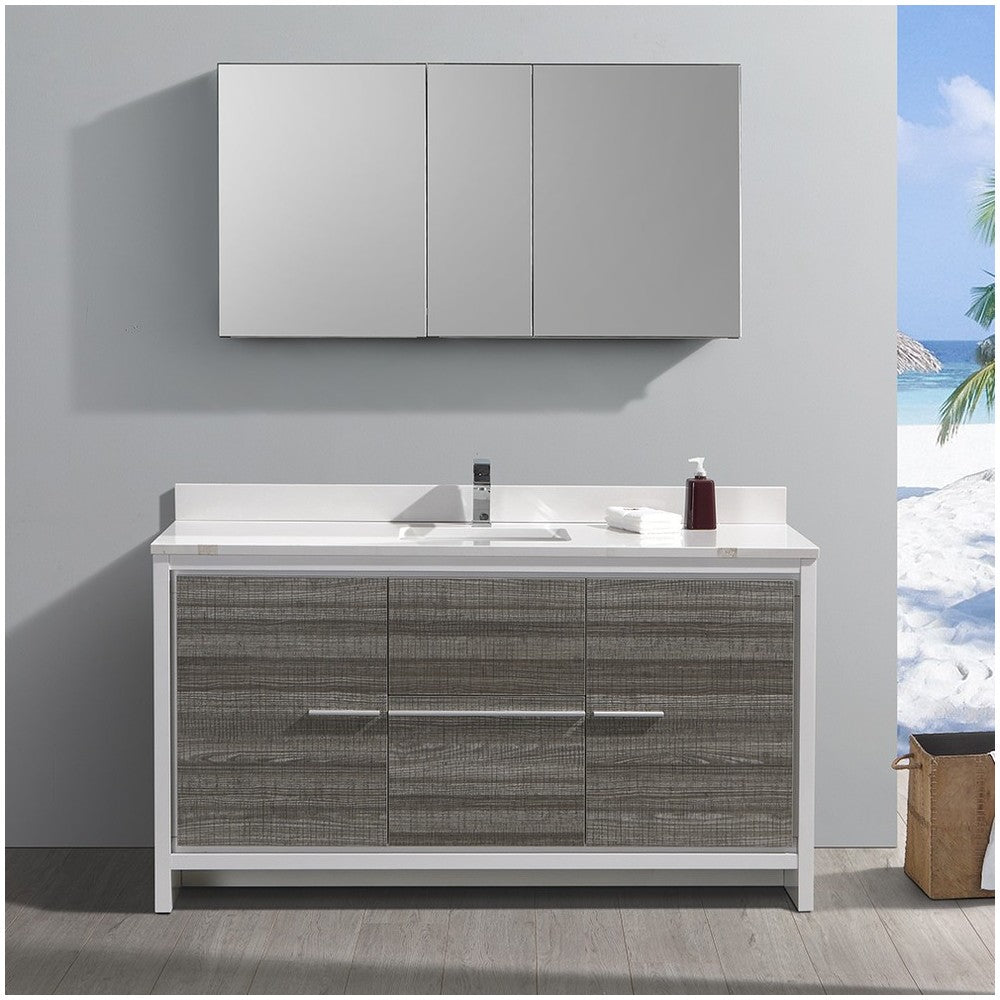 Allier Rio 60" Ash Gray Single Sink Modern Bathroom Vanity w/ Medicine Cabinet