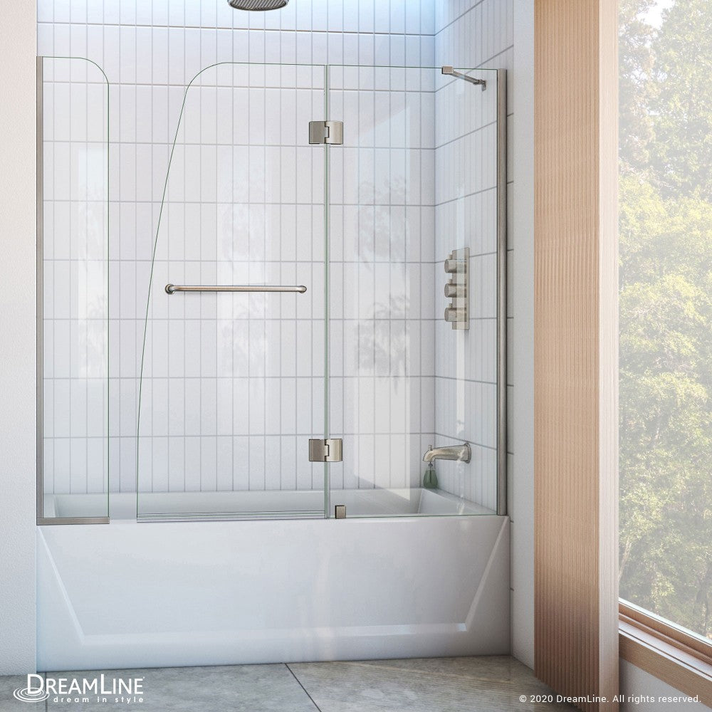 Aqua 56-60 in. W x 58 in. H Frameless Hinged Tub Door with Extender Panel in Brushed Nickel