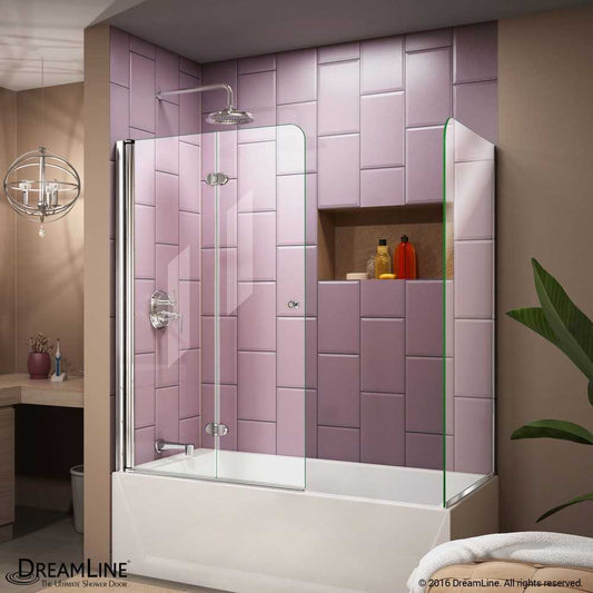 Aqua Fold 56-60 in. W x 30 in. D x 58 in. H Frameless Bi-Fold Tub Door with Return Panel in Chrome