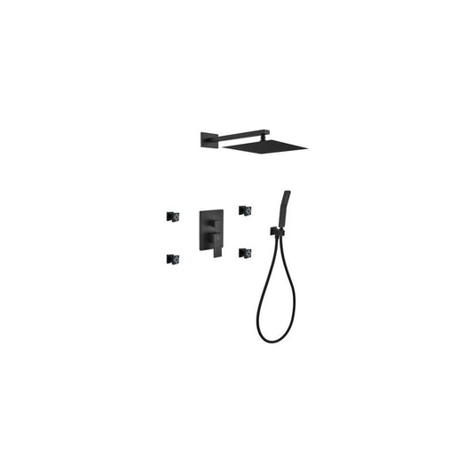 Aqua Piazza Matte Black Shower Set, 12" Square Rain Shower, Handheld, 4 Body Jet