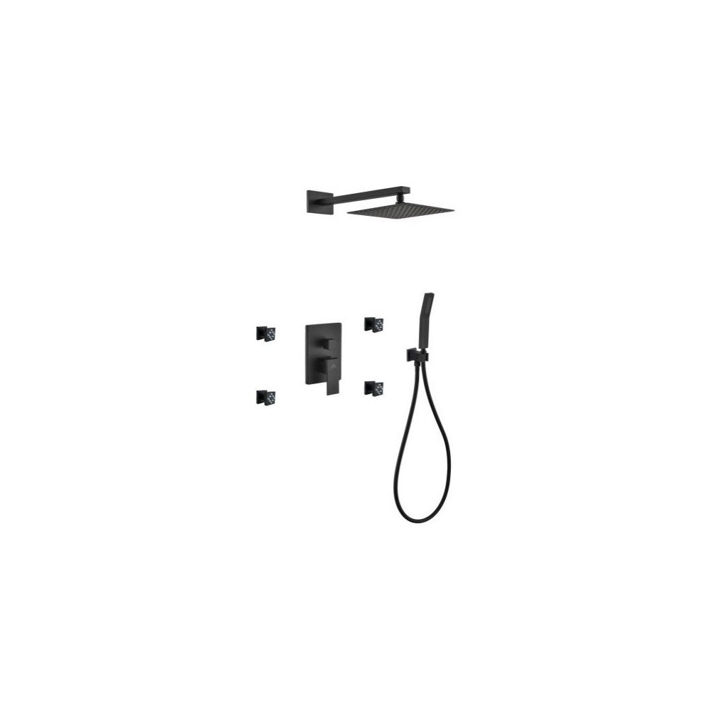 Aqua Piazza Matte Black Shower Set, 8" Square Rain Shower, 4 Body Jets, Handheld